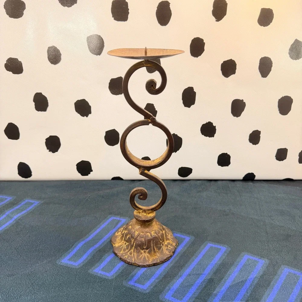 Vtg Cast Iron Pillar Candle Holder Stand Scroll Wrought Metal Rustic Gold 11